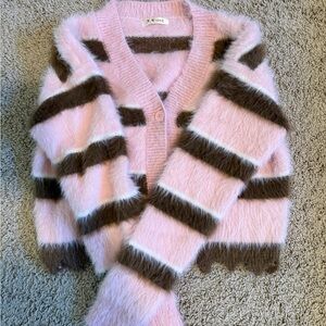 Pink and Brown Striped Fuzzy Cardigan